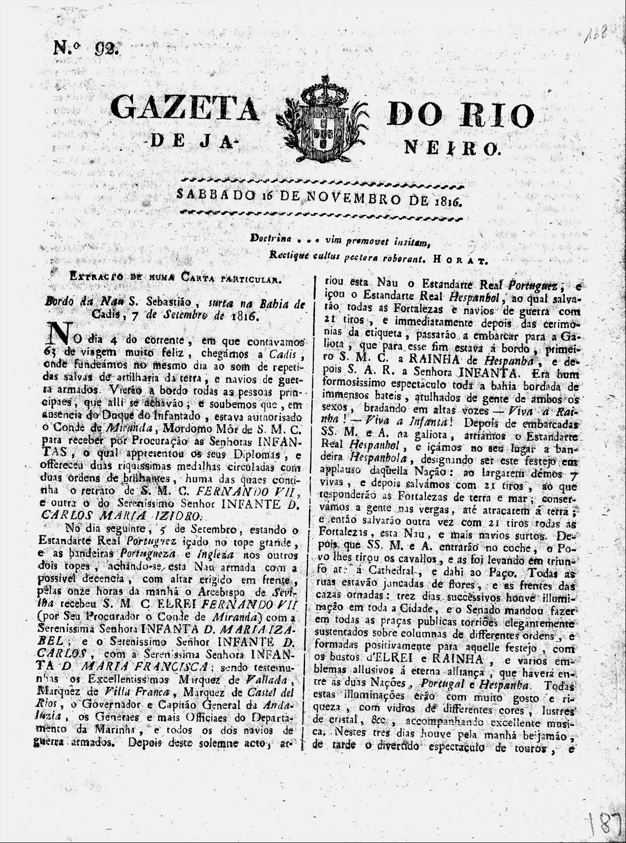 Gazeta do Rio de Janeiro, edição de 16 de novembro de 1816 (frente e verso)
